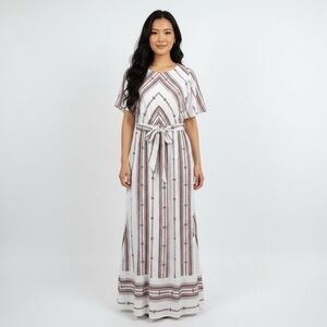 POLAGRAM White & Brown Floral Patterned Maxi Dress Short Sleeve sz Large Belted